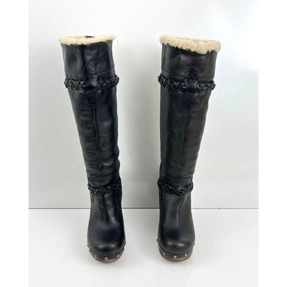 Ugg Savanna Clog Boots Women's Black Leather Knee High Size 6  Sheepskin Lined - Picture 13 of 16